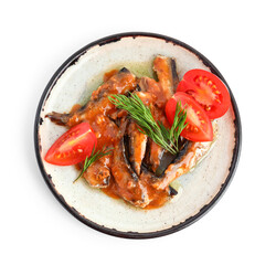 Plate with canned fish in tomato sauce isolated on white background