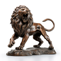 Statue of a brave roaring lion in old bronze material.