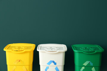 Different garbage bins with recycling symbol near green wall