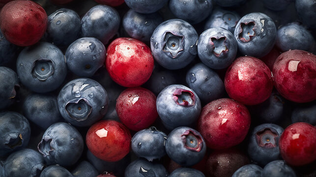 A high key closeup photograph of a blueberries and red berries. Top down view. Generative AI image