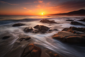 Fototapeta na wymiar Beautiful sunrise view from rocky seascape generative AI