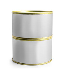 Tin cans with fish isolated on white background