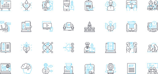 Online schooling linear icons set. Distance, Virtual, Education, Learning, E-learning, Digital, Remote line vector and concept signs. Web-based,Cyber,Interactive outline illustrations