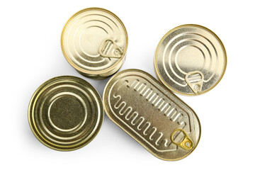 Tin cans with fish isolated on white background