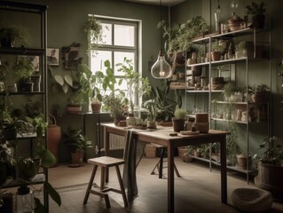 Fototapeta premium A calming and green atmosphere is created by a table adorned with potted plants