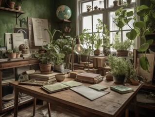 Fototapeta na wymiar A calming and green atmosphere is created by a table adorned with potted plants