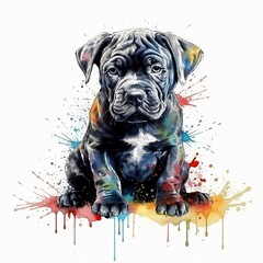 Colorful illustration of a Cane Corso puppy, dripping art