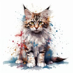Colorful illustration of a Maine Coon kitten, dripping art