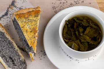 a cut piece of cake with poppy seed filling