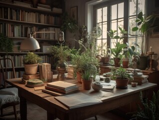 Fototapeta na wymiar A calming and green atmosphere is created by a table adorned with potted plants