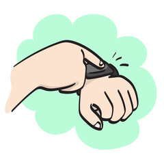 closeup hand using smart watch illustration vector hand drawn isolated on white background line art.