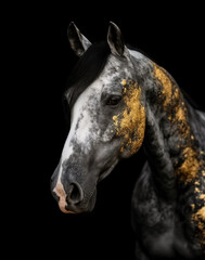 Dapple grey horse with gold foil on neck isolated on black background. Beautiful golden white stallion, equestrian, equine backdrop copy space. Touched up in Photoshop and Lightroom. Generated AI