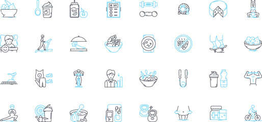 Well-being linear icons set. Health, Happiness, Balance, Wellness, Contentment, Serenity, Peace line vector and concept signs. Relaxation,Joy,Gratitude outline illustrations