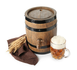 Wooden barrel and mug of cold beer on white background
