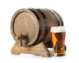 Wooden barrel and glass of cold beer on white background