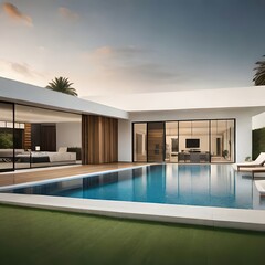 Fototapeta na wymiar interior modern house with luxury beds and accessories with modern pool