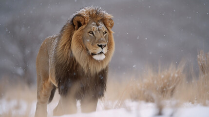 A lion in bad snowy weather
