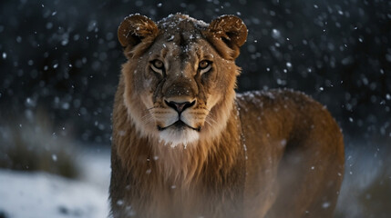 A lion in bad snowy weather