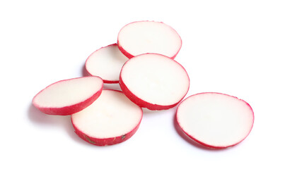 Slices of fresh radish isolated on white background