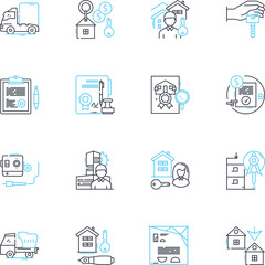 Real estate for sale linear icons set. Property, Home, House, Condo, Land, Investment, Mortgage line vector and concept signs. Income,Equity,Rent outline illustrations