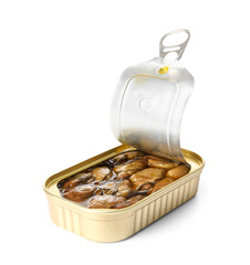 Opened tin can with mussels isolated on white background