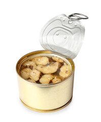 Opened tin can with fish isolated on white background