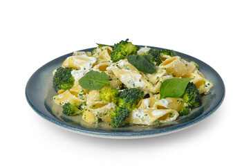 Plate with tasty pasta and broccoli on grey background