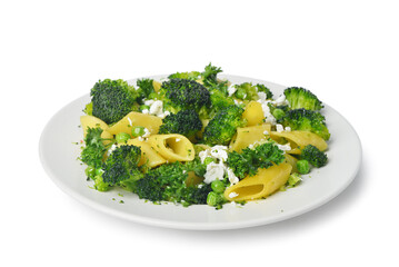 Plate with tasty pasta and broccoli on grey background
