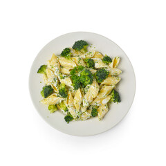 Plate with tasty pasta and broccoli on grey background