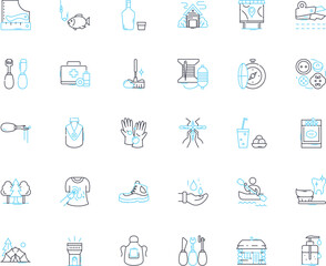 Indoor and outdoor lifestyle linear icons set. Cozy, Serene, Fresh, Natural, Vibrant, Relaxing, Adventurous line vector and concept signs. Rustic,Modern,Nostalgic outline illustrations