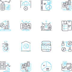 Financial assessment linear icons set. Budgeting, Analysis, Evaluation, Forecasting, Planning, Risk, Assessment line vector and concept signs. Optimization,Performance,Management outline illustrations