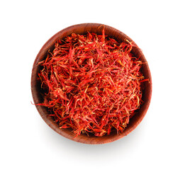 Fototapeta premium Wooden bowl with pile of saffron on white background