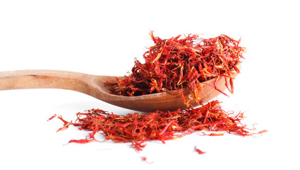 Wooden spoon with pile of saffron on white background