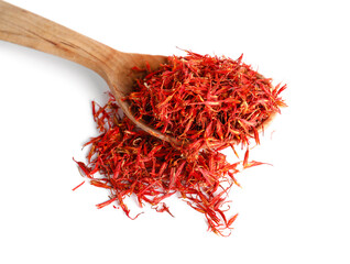 Fototapeta premium Wooden spoon with pile of saffron on white background