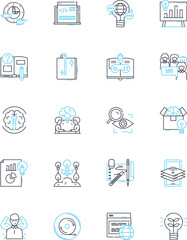 Brand identity linear icons set. Consistency, Uniqueness, Clarity, Authenticity, Memorability, Visibility, Loyalty line vector and concept signs. Credibility,Relevance,Personality outline
