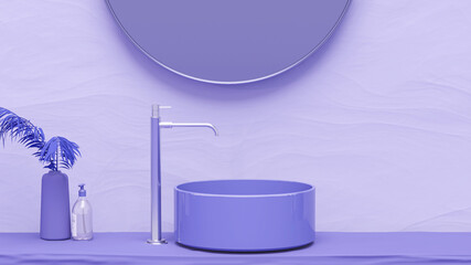 Obraz na płótnie Canvas 3D render an empty purple blue vanity counter with washbasin and modern style faucet. Blank space for products display mockup. Trendy color for social media banners.