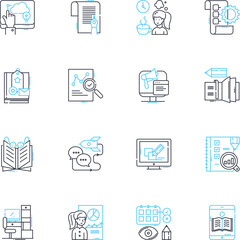 Diary linear icons set. Journal, Notebook, Memoir, Record, Reflection, Musings, Thoughts line vector and concept signs. Chronology,Daybook,Autobiography outline illustrations