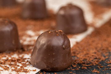 sweet chocolates with soft filling, chocolate pieces