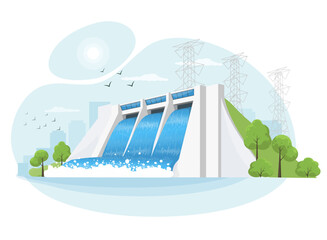 Hydroelectric clean power plant station factory. Renewable green sustainable hydropower energy generation with water flowing out reservoir dam. High-voltage power lines.