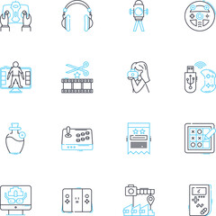 News reporting linear icons set. Breaking, Scoop, Headline, Investigative, Exclusive, Current, Updates line vector and concept signs. Events,Press,Release outline illustrations