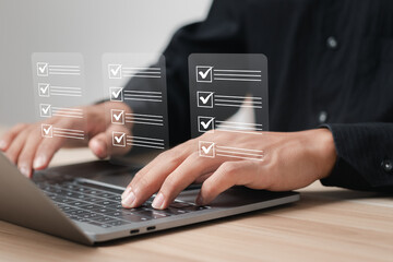 Questionnaire with checkboxes, filling survey form online, answer questions of test. Survey form concept. Education futuristic technology and learning concept