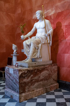 SAINT PETERSBURG, RUSSIA - FEBRUARY 17, 2022: Sculpture of Roman emperor Octavian Augustus in the image of Jupiter (I.  century AD) Exhibit of the Hermitage Museum