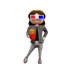 3d Female standing and holding french fries box
