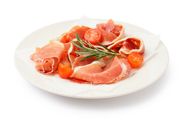 Plate with tasty jamon slices on white background
