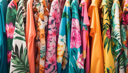 Vibrant clothing collection hanging in modern retail store generated by AI