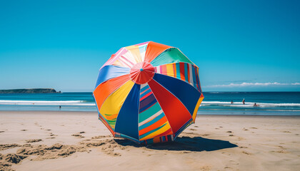 Multi colored plastic umbrella to beach day generated by AI