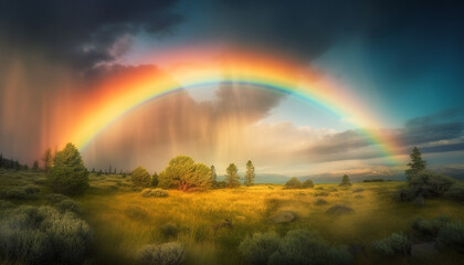 Fototapeta na wymiar Vibrant rainbow colors paint majestic mountain landscape generated by AI
