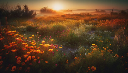 Sunset meadow, wildflowers bloom in vibrant colors generated by AI