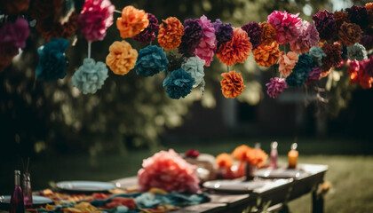 Obraz na płótnie Canvas Fresh flower bouquet on elegant picnic table generated by AI
