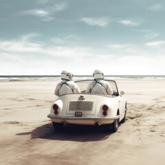 Astronauts in a convertible on the Beach